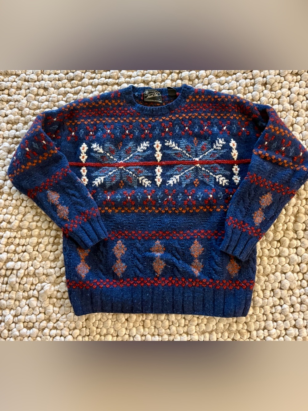 Men's Navy Fair Isle Crewneck Sweater with Red and Cream Accents